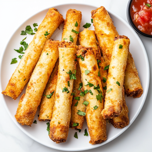 This image shows a plate of crispy, golden brown potato taquitos, each filled with a seasoned mashed potato mixture, tightly rolled in tortillas and fried to perfection.