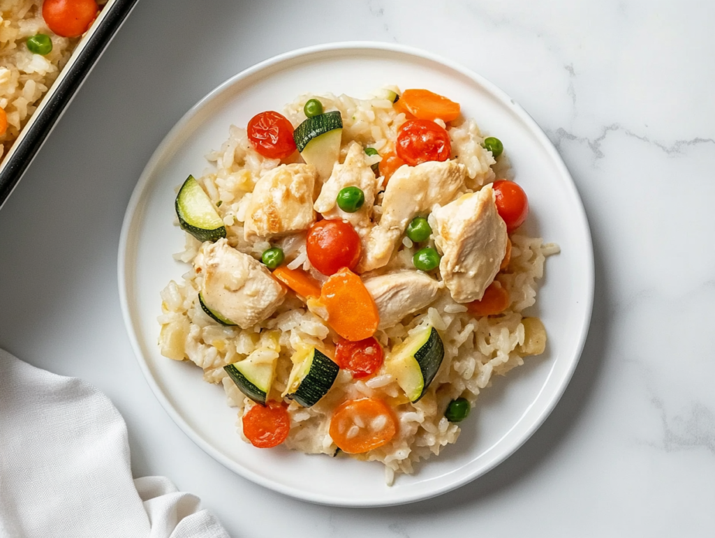 This image shows a freshly baked Knorr Creamy Chicken Rice Casserole, packed with tender chicken, peas, cherry tomatoes, and zucchini in a creamy, flavorful sauce.