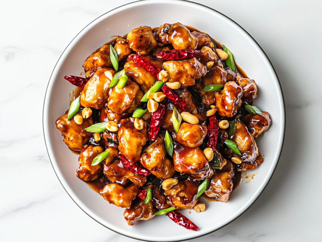 This image shows a plate of Kung Pao Chicken with marinated chicken pieces, garlic, ginger, chilies, Sichuan peppercorn powder, and scallions, all topped with crunchy peanuts for a bold and flavorful dish.