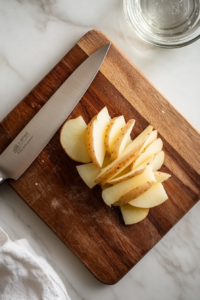 This image shows neatly stacked layers of thinly sliced potatoes being trimmed to create uniform edges for even frying.