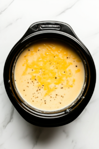 This image shows the crockpot with the broccoli cheese soup continuing to cook for an additional 30 minutes, allowing the flavors to deepen and the texture to become extra creamy.