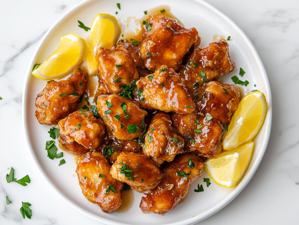 This image shows golden-brown chicken pieces coated in a glossy maple syrup glaze, garnished with freshly chopped cilantro for a perfect balance of sweetness and freshness.