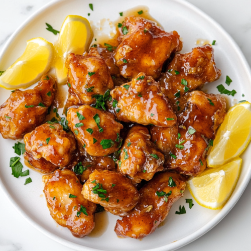 This image shows golden-brown chicken pieces coated in a glossy maple syrup glaze, garnished with freshly chopped cilantro for a perfect balance of sweetness and freshness.