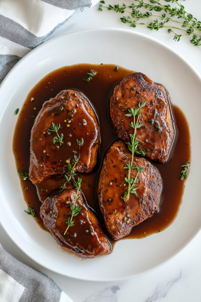 This image shows succulent maple mustard chicken, perfectly simmered in a rich, glossy sauce and served on a simple white round plate.