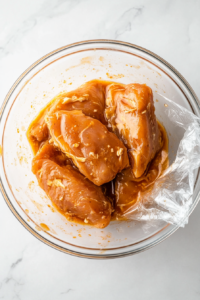 This image shows marinated chicken resting in a covered dish inside a refrigerator, allowing the flavors to develop before cooking.