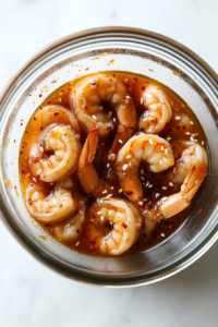 This image shows fresh shrimp being marinated in a blend of seasonings, preparing them for the rich and flavorful Bang Bang Chicken and Shrimp dish.