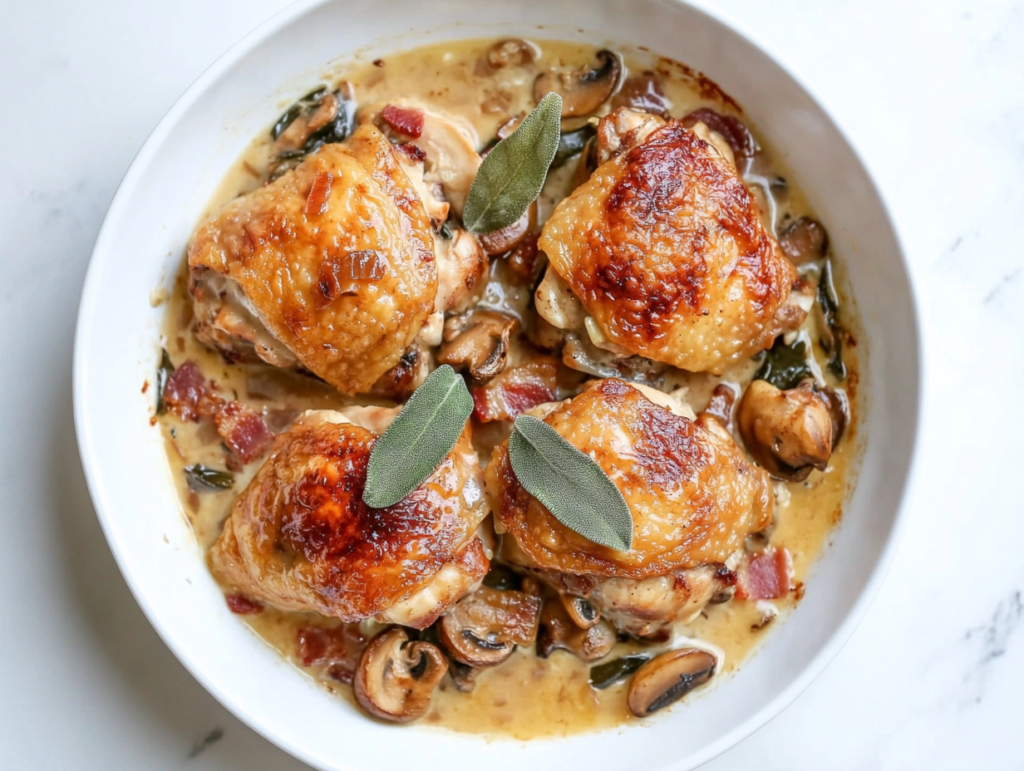 This image shows bone-in chicken pieces sizzling in a pan, browning to develop a rich golden crust that adds deep flavor to the casserole.