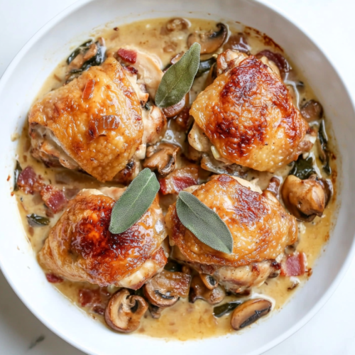 This image shows bone-in chicken pieces sizzling in a pan, browning to develop a rich golden crust that adds deep flavor to the casserole.