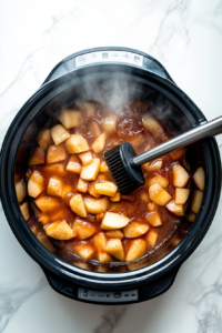 This image shows a hand mashing slow-cooked apples inside the slow cooker, creating a rustic and chunky applesauce.