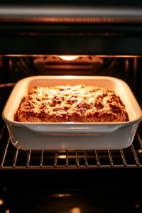 This image shows the turkey meatloaf baking in the oven, developing a firm texture and a slightly browned surface.