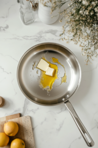 This image shows butter and olive oil melting in a hot pan, creating a flavorful base for cooking the chicken.