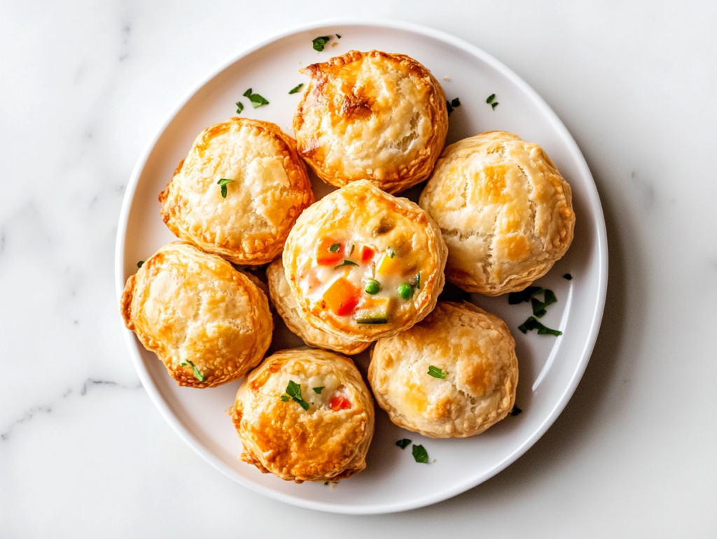 This image shows mini chicken pot pies arranged on a round white plate, garnished with freshly chopped cilantro. The pot pies are made with refrigerated biscuit dough and a creamy filling of chicken and vegetables.