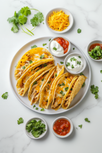 This image shows a round white plate filled with crispy mini chicken tacos, served warm with hot sauce and sour cream on the side.