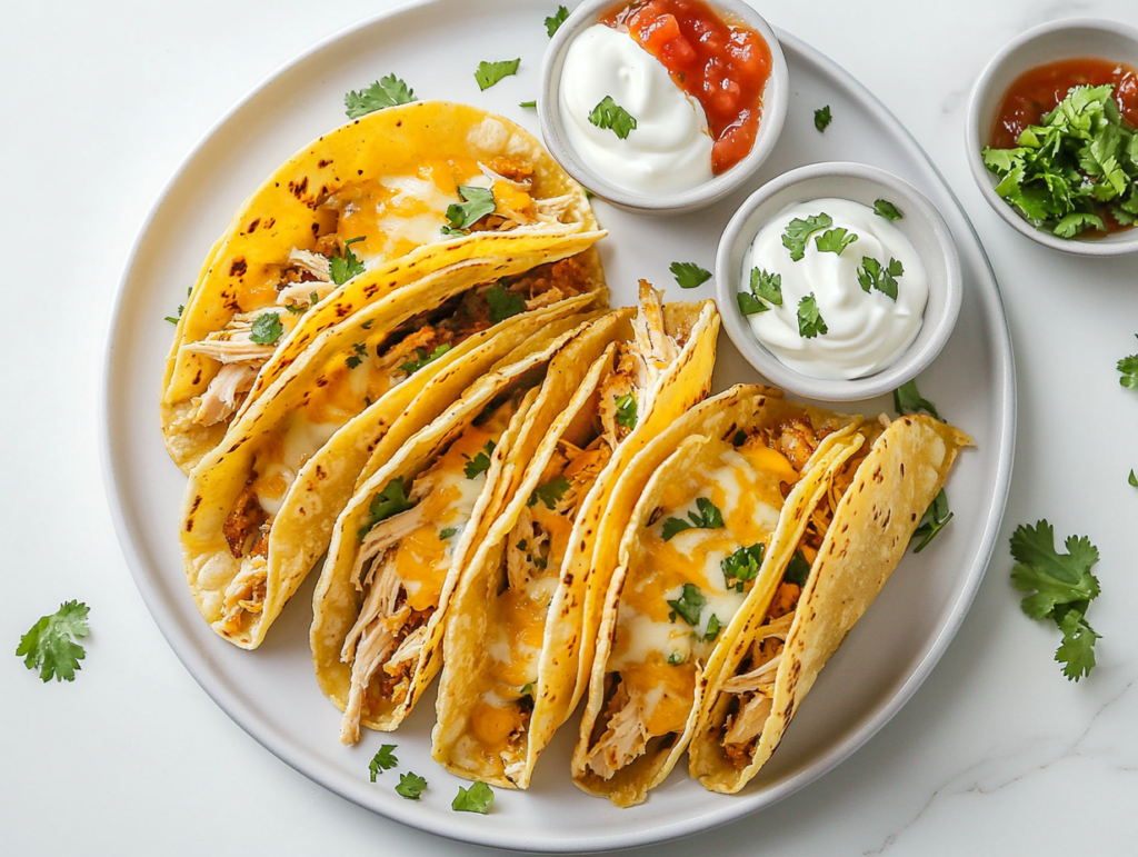 This image shows a plate of mini chicken tacos, filled with shredded chicken and melted cheese, served warm and ready to enjoy.