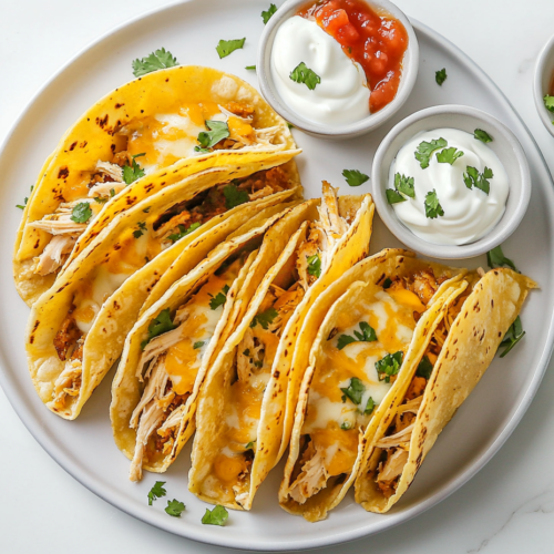 This image shows a plate of mini chicken tacos, filled with shredded chicken and melted cheese, served warm and ready to enjoy.