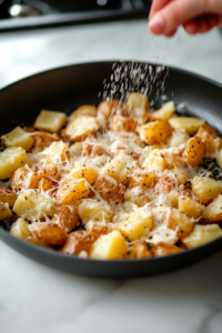 This image shows shredded cheese being stirred into the seasoned mashed potatoes, adding a rich and creamy texture to the taquito filling.