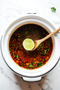 This image shows a spoon stirring fresh lime juice into the taco soup, adding a bright and tangy flavor to enhance the overall taste.