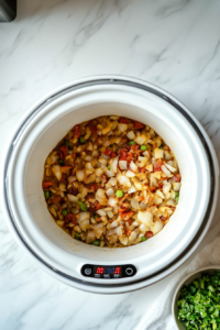 This image shows minced garlic and a blend of spices being stirred into the sautéed onions in the slow cooker, enhancing the depth of flavor in the soup.