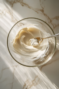 This image shows thick Greek yogurt being stirred with vanilla extract in a bowl, giving it a smooth, creamy consistency and a hint of fragrant sweetness.