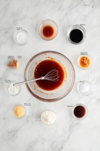 This image shows honey, bourbon, and other ingredients being whisked together to create a rich and flavorful sauce.