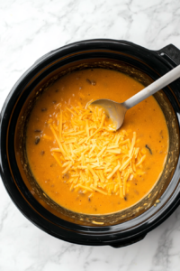 This image shows shredded cheddar cheese being stirred into the crockpot, melting into the soup to create a smooth, cheesy consistency.