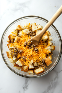 This image shows a bowl filled with cooked sausage, bread cubes, and shredded cheese being mixed together, forming the hearty base of the breakfast casserole.