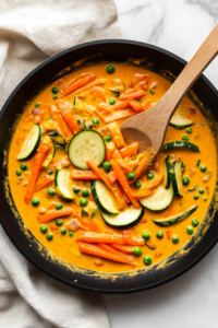 This image shows cooked shrimp being added to the coconut curry sauce, absorbing the rich flavors and completing the Bang Bang Chicken and Shrimp recipe.