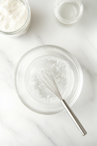 This image shows a small bowl of cornstarch and water being mixed together, creating a slurry to help thicken the orange sauce.