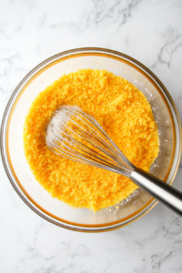 This image shows a bowl with flour, cornmeal, baking powder, and salt being whisked together, forming the dry base for the cornbread poppers.