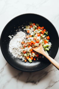 This image shows flour, sugar, and seasonings being sprinkled into the skillet, creating a thick and flavorful base for the chicken mixture.