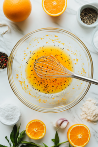 This image shows a bowl of freshly prepared orange sauce mixture, made with orange juice, soy sauce, and spices for a rich and flavorful glaze.