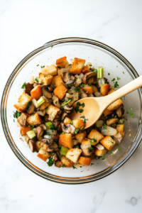 This image shows sautéed vegetables being mixed with bread cubes in a large bowl, preparing the mixture for the Crockpot Stuffing.