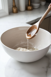 This image shows water being poured into the dry flour mixture and stirred, forming a sticky dough that will develop into yeast bread.