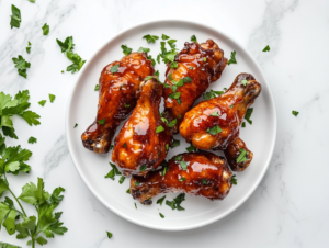 This image shows beautifully glazed orange marmalade chicken pieces served on a white round plate, garnished with freshly chopped cilantro.