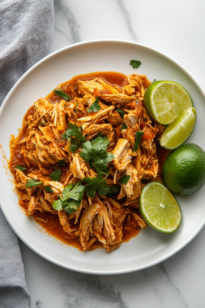 This image shows spicy orange-chipotle chicken, shredded and simmered in a vibrant sauce, served on a white round plate with a lemon slice on the side and fresh cilantro on top.