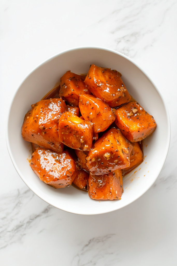 This image shows bright orange carrots coated in a thick, glossy spice sauce, served in a white bowl, offering a sweet and savory side dish.