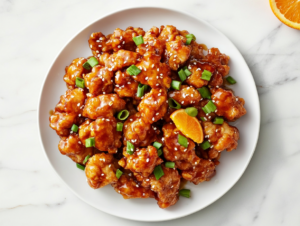 This image shows a plate of crispy, golden-brown PF Chang's Orange Chicken, garnished with sesame seeds and fresh green onions, served with a glossy, flavorful orange sauce.