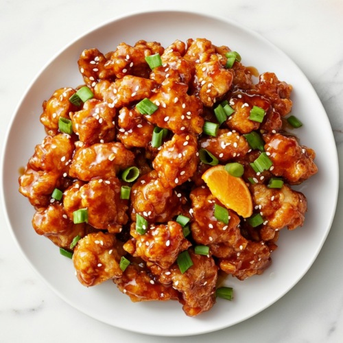 This image shows a plate of crispy, golden-brown PF Chang's Orange Chicken, garnished with sesame seeds and fresh green onions, served with a glossy, flavorful orange sauce.