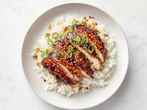 This image shows Panda Express-style teriyaki chicken served with white rice, garnished with scallions and sesame seeds for a flavorful and visually appealing presentation.