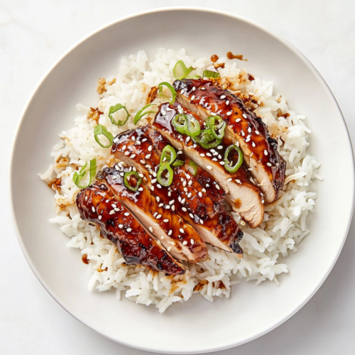 This image shows Panda Express-style teriyaki chicken served with white rice, garnished with scallions and sesame seeds for a flavorful and visually appealing presentation.