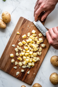 This image shows raw potatoes being peeled and diced into small, uniform pieces, preparing them for boiling in the potato taquitos recipe.