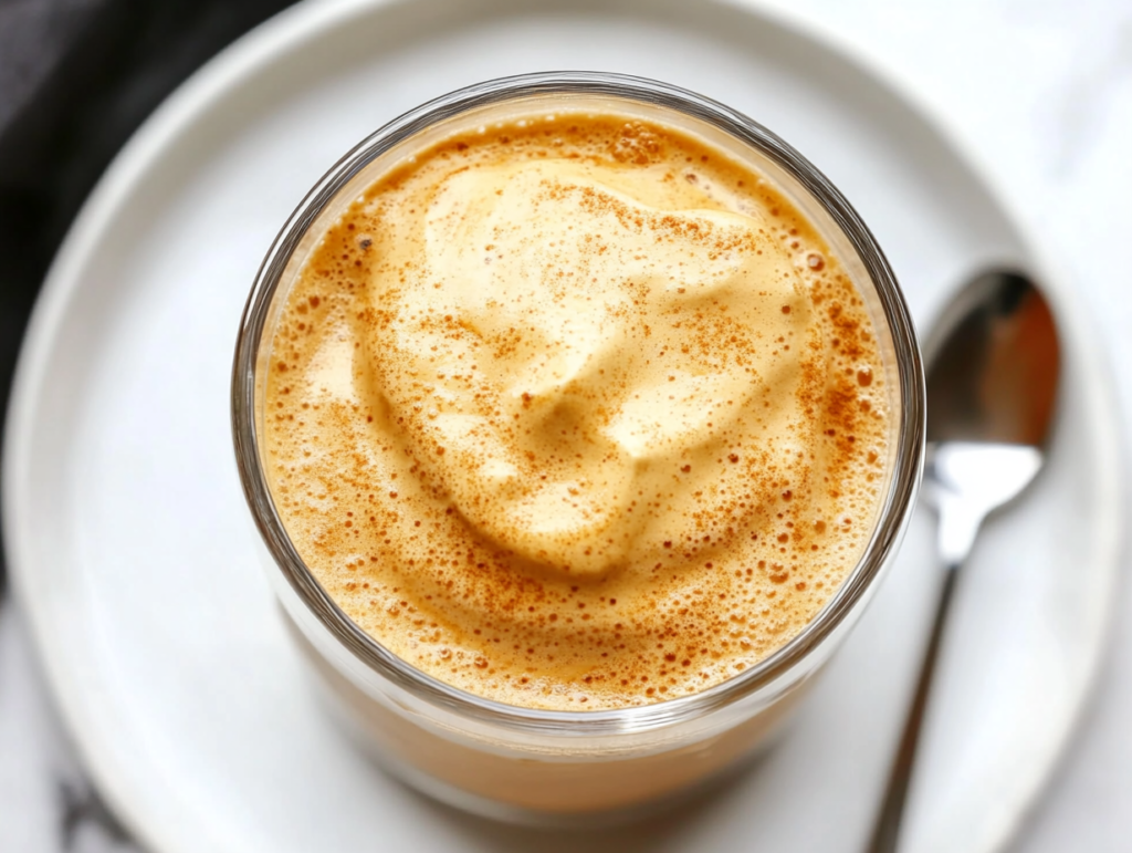 This image shows a creamy, fluffy whipped coffee served in a glass mug, accompanied by sweet breads and a spoon on the side, ready to be enjoyed.