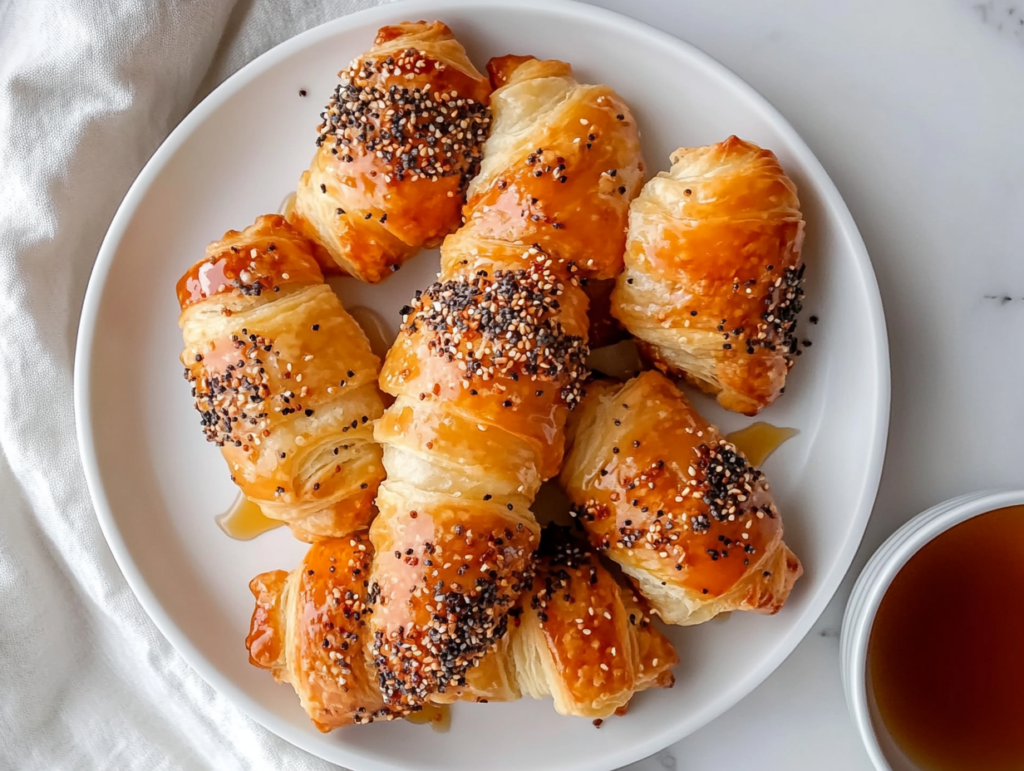 This image shows a plate of golden brown, crispy pigs in a blanket topped with sesame seeds, served with a small bowl of maple syrup on the side.