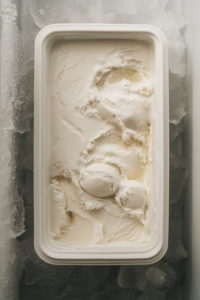 This image shows a container of vanilla ice cream being placed inside a freezer, allowing it to firm up before serving.