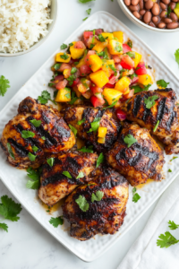 This image shows perfectly grilled jerk chicken plated alongside rice, topped with fresh cilantro for a vibrant presentation.