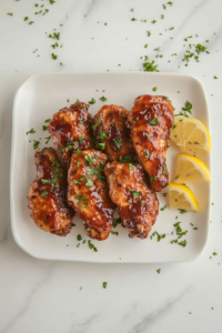 This image shows a beautifully plated dish of maple-glazed chicken, garnished with freshly chopped cilantro for a vibrant, flavorful finish.