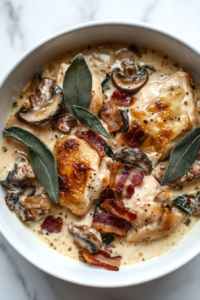 This image shows fresh sage leaves sizzling in a small pan of butter, turning crispy and fragrant, ready to top the casserole.