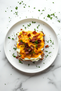 This image shows a freshly baked slice of loaded potato meatloaf casserole served on a plate, with a cheesy, golden top and crispy bacon bits.