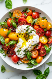 This image shows the final plated tomato burrata salad, beautifully arranged with heirloom and cherry tomatoes, creamy burrata, and fresh basil, drizzled with olive oil and balsamic vinegar for a stunning presentation.