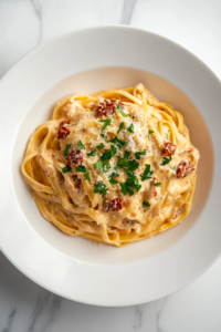 This image shows a plate of creamy sun-dried tomato pasta, garnished with fresh herbs, ready to be served.